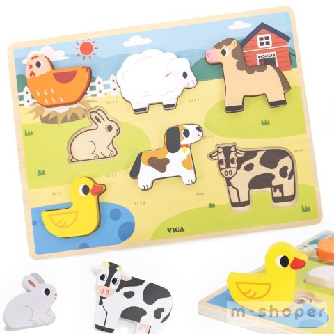 VIGA Drewniane Puzzle Układanka Montessori 2w1 Figurki Farma