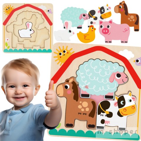 Tooky Toy Drewniane Puzzle Montessori Wielowarstwowe Tablica Zwierzątka na Farmie 7 el.